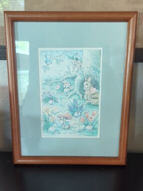 Framed Bunny Garden Wall Art - Light Blue Mat